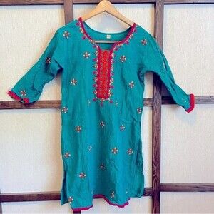 Embroidered Indian Kurti Kurta‎ Tunic Shirt aqua turquiose blue suns blouse